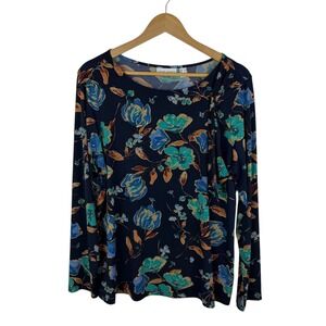 Susan Graver Floral Blouse Large Navy Liquid Knit Stretch Lightweight Comfy Boho